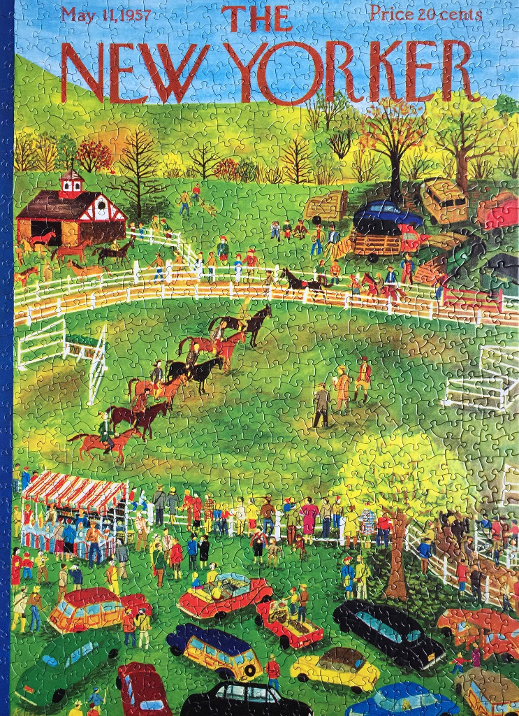 A vintage illustration of a bustling country horse show on a May 1957 magazine cover.