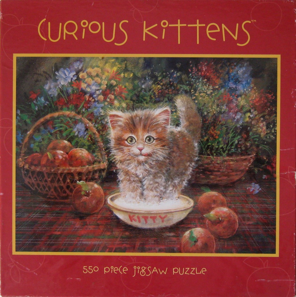 A fluffy ginger kitten standing in a bowl of milk, surrounded by a basket of apples and a colorful garden background.
