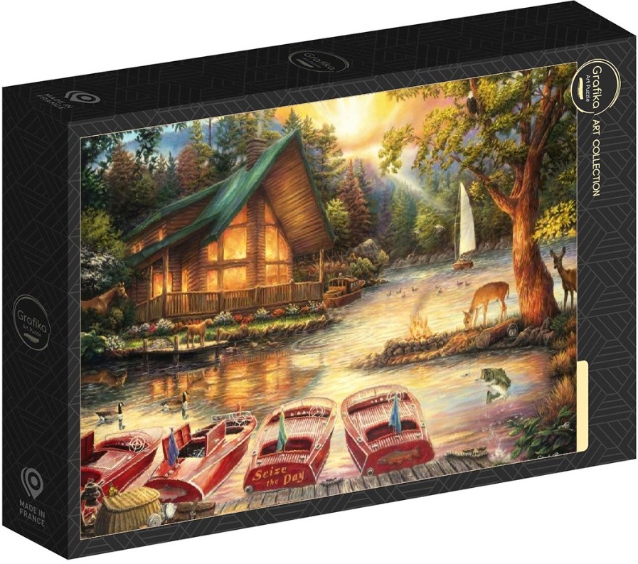 A cozy log cabin lakeside scene at sunset with red boats moored at a dock.