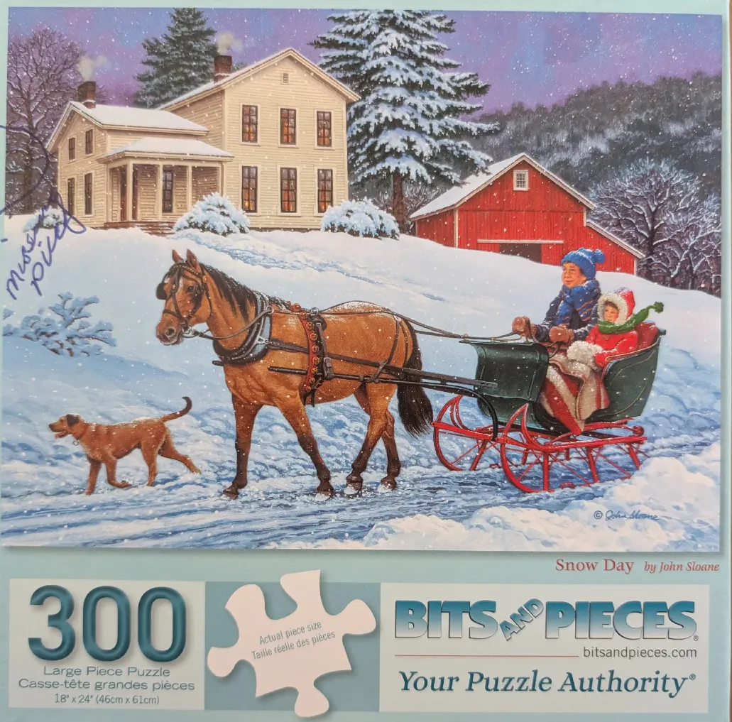 A horse-drawn sleigh with two people and a dog moves through a snowy farm landscape with a farmhouse and red barn.