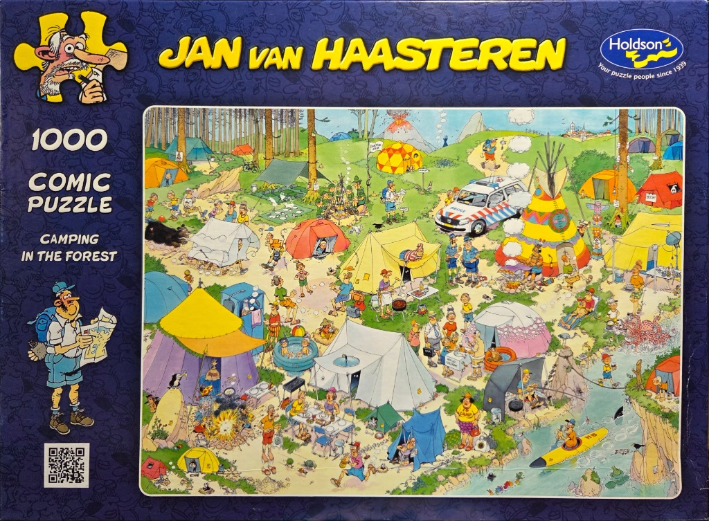 Cartoon illustration of a busy, chaotic forest campsite with various tents, people, and humorous mishaps.