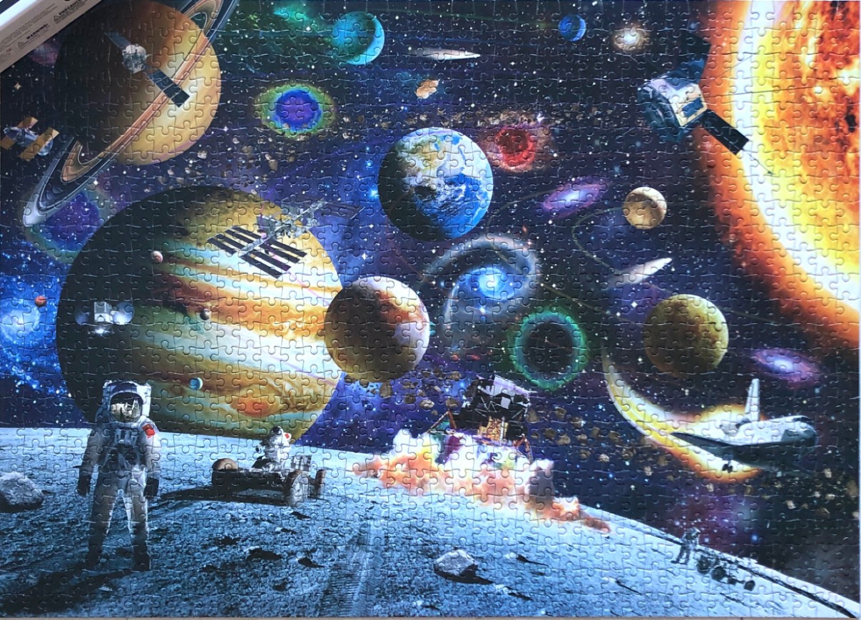 A vibrant digital space illustration featuring planets, an astronaut on the moon, and space exploration technology.