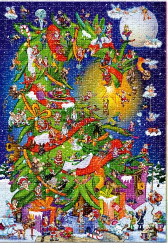 Whimsical cartoon illustration of a chaotic Christmas tree filled with Santas against a dark blue snowy background.
