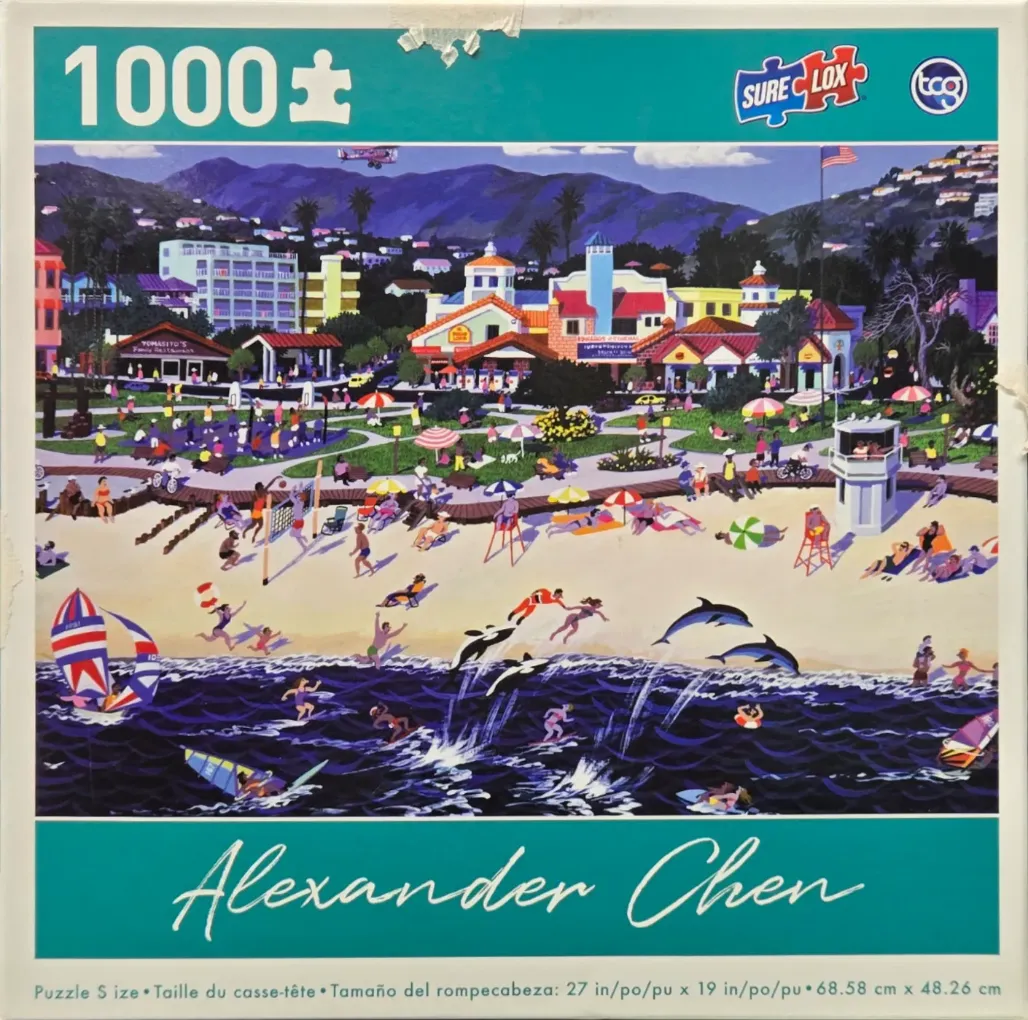 Painting of a bustling beach scene with people swimming, playing, and relaxing near a coastal town.
