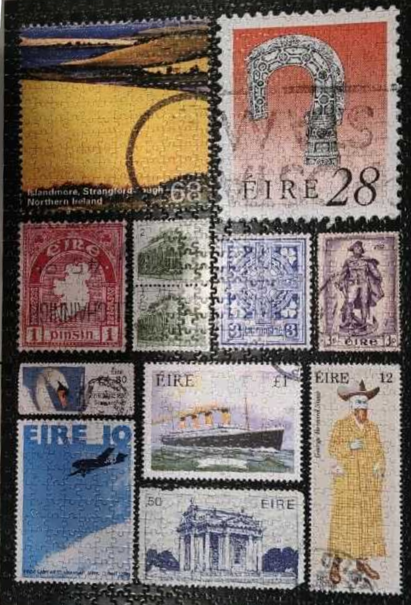 A collage of various vintage postage stamps featuring Irish landscapes, historical figures, and maritime scenes.