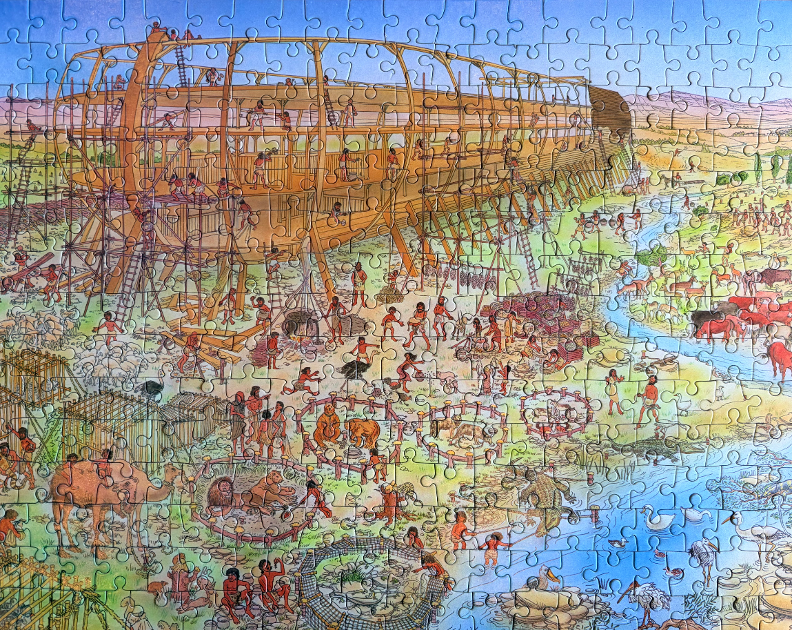 Cartoon illustration of people building a giant wooden ark surrounded by many animals in a landscape.