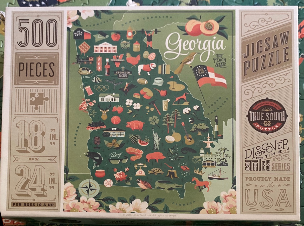 A stylized illustrated map of the state of Georgia filled with icons of local landmarks, wildlife, and cultural symbols.