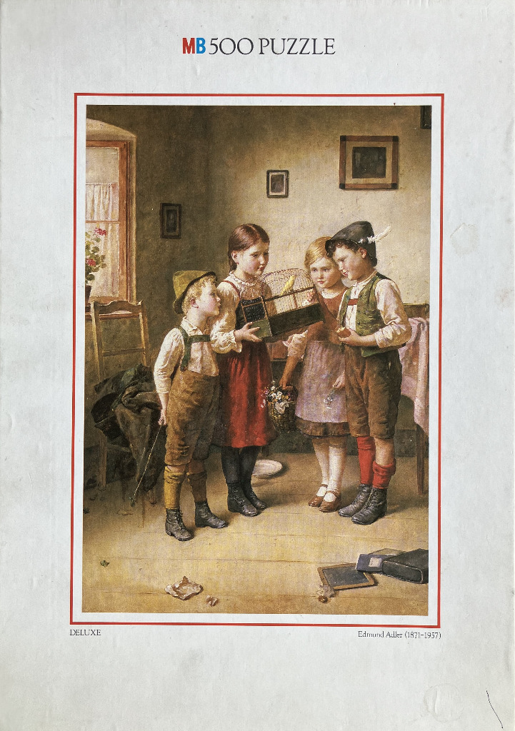 A painting of four children gathered around a birdcage in a rustic room.