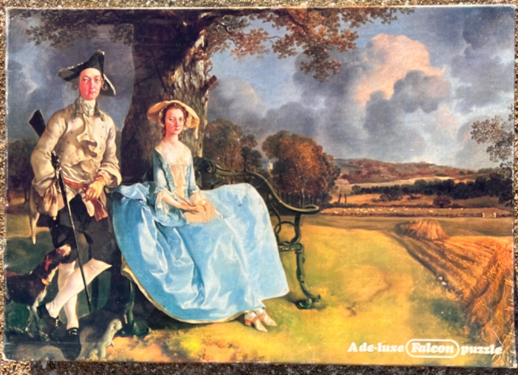 Oil painting of an 18th-century couple sitting under a tree in a rural landscape