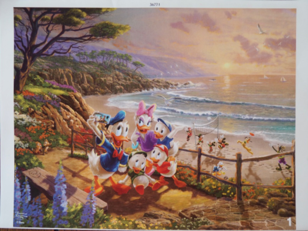 Donald Duck, Daisy Duck, and their nephews taking a selfie on a beach at sunset.