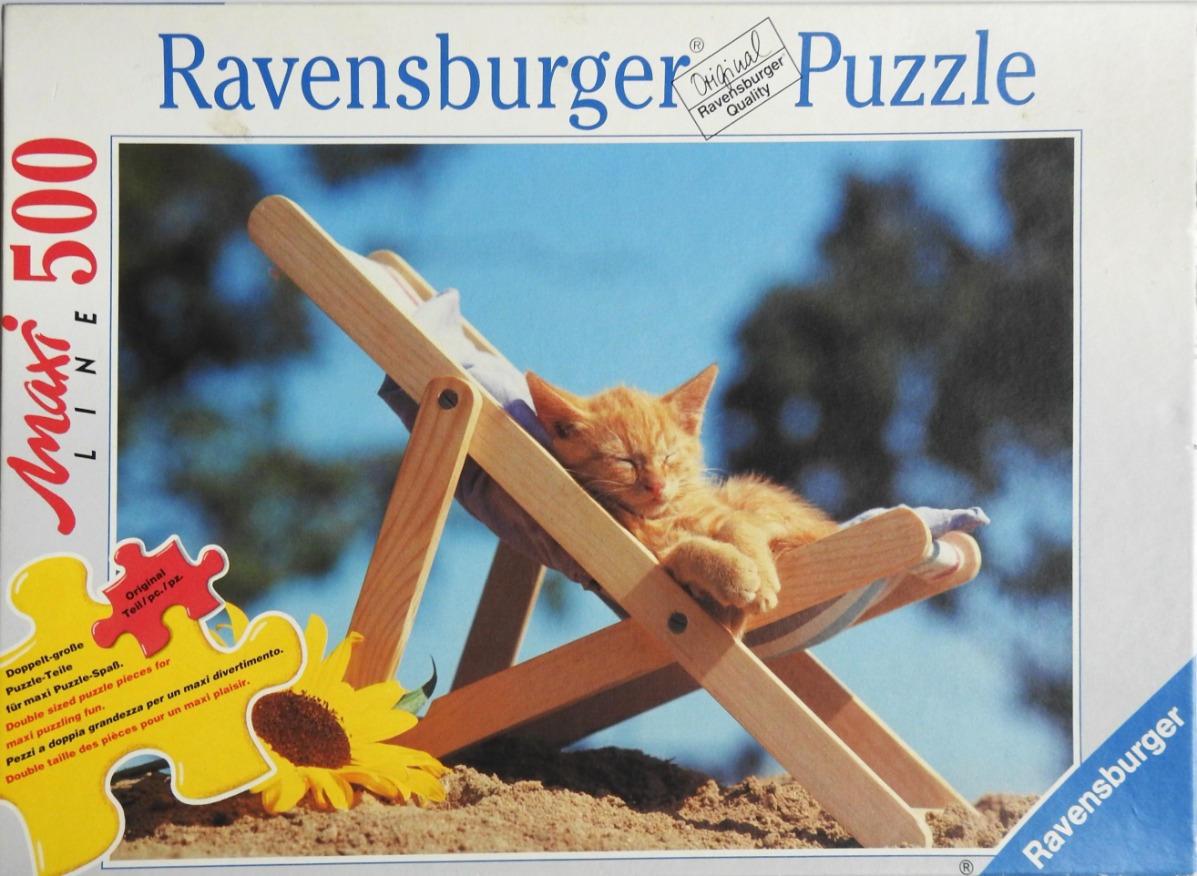 A ginger kitten napping in a small wooden deck chair on the sand.