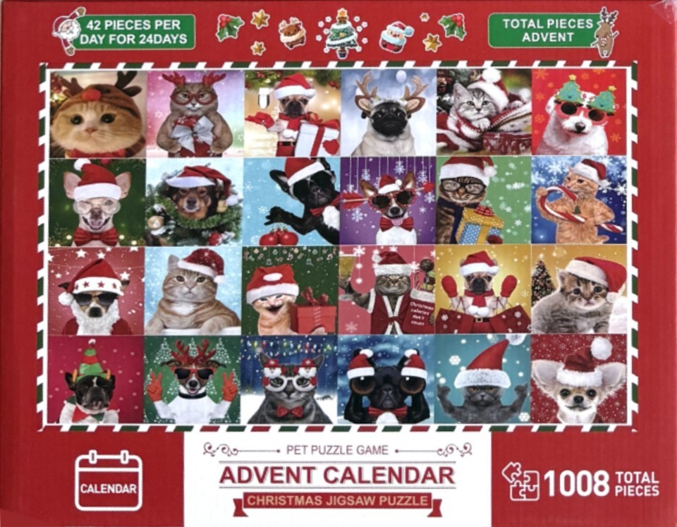 A montage of 24 festive pet portraits, featuring cats and dogs wearing Santa hats and holiday accessories.