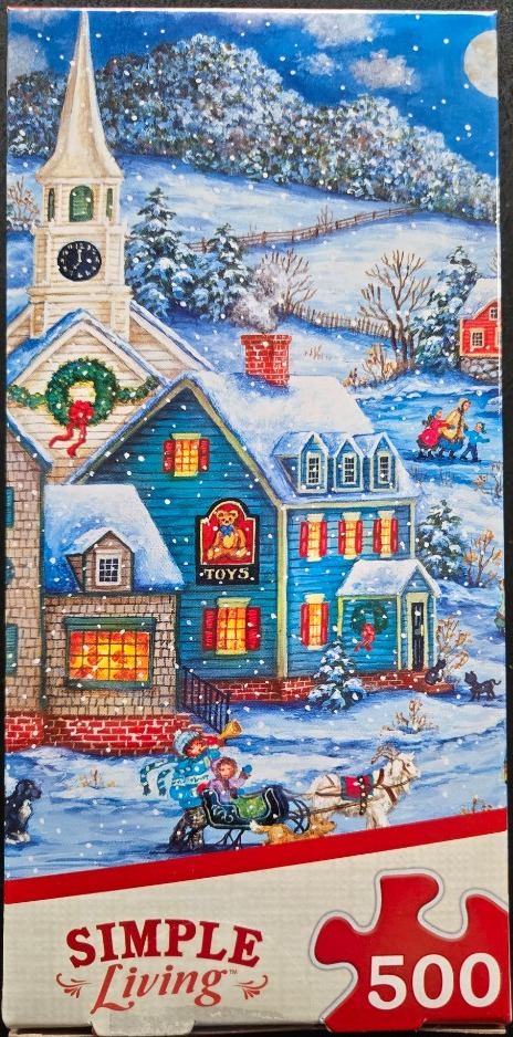 A whimsical winter scene of a blue toy shop and a white church surrounded by falling snow.