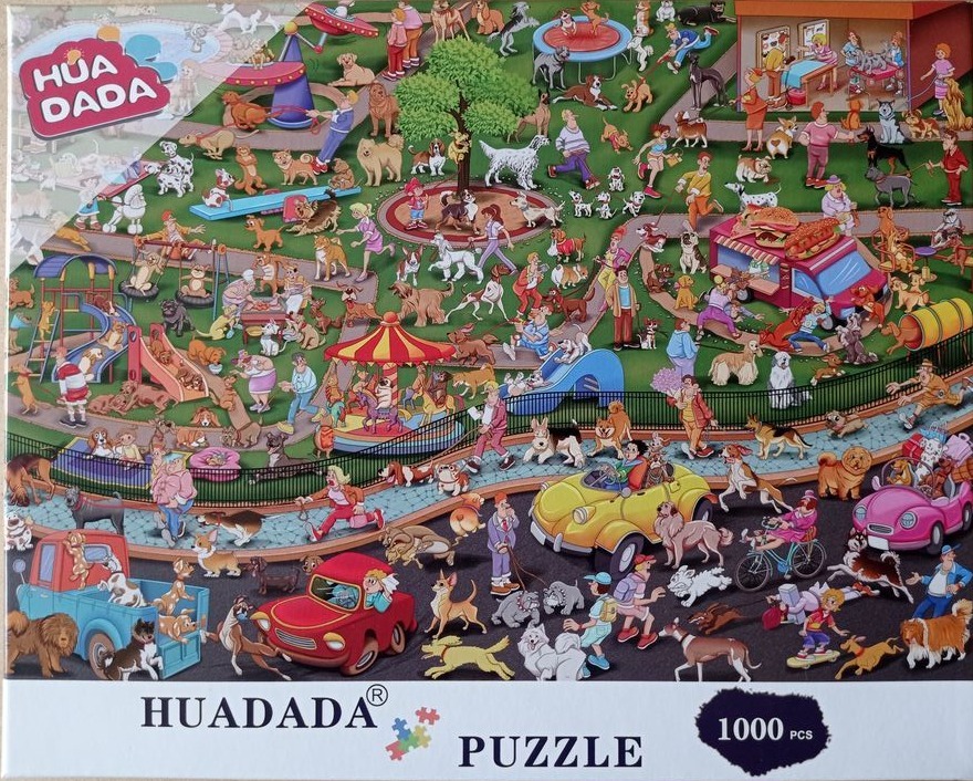Busy cartoon illustration of a dog park filled with many different breeds of dogs and people.