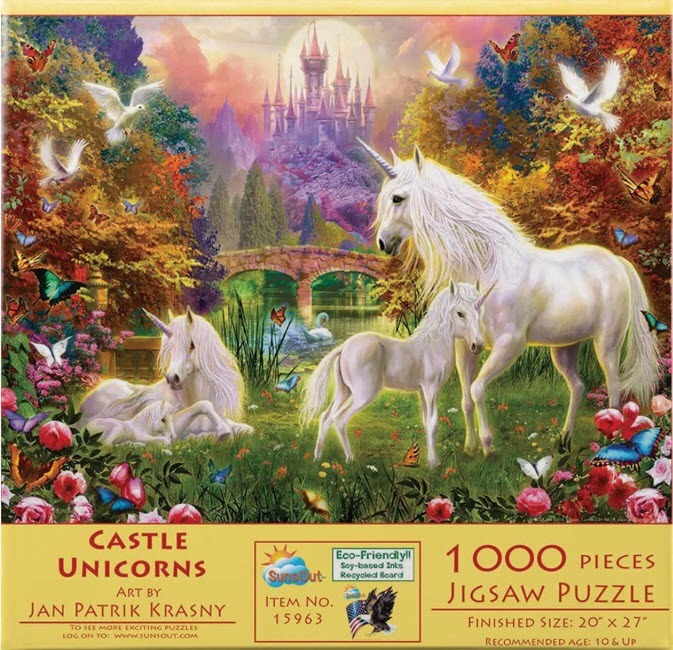 A fantasy illustration of a unicorn family in a lush forest meadow before a glowing castle.