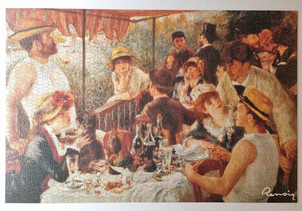 Impressionist painting of a lively luncheon party on a restaurant balcony
