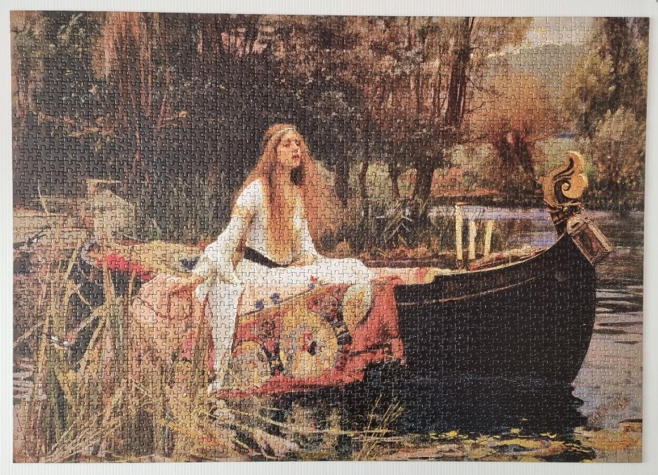 An oil painting of the Lady of Shalott sitting in a boat on a river surrounded by autumn woods.