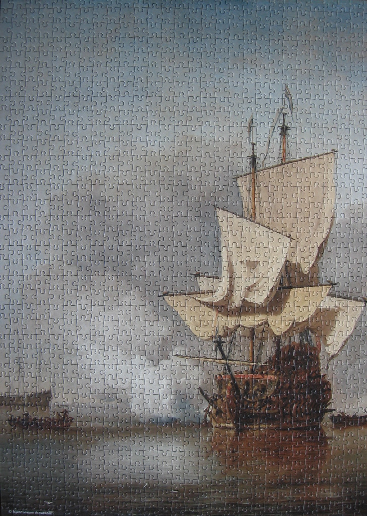 A classic oil painting depicting a Dutch warship on a misty, calm sea.