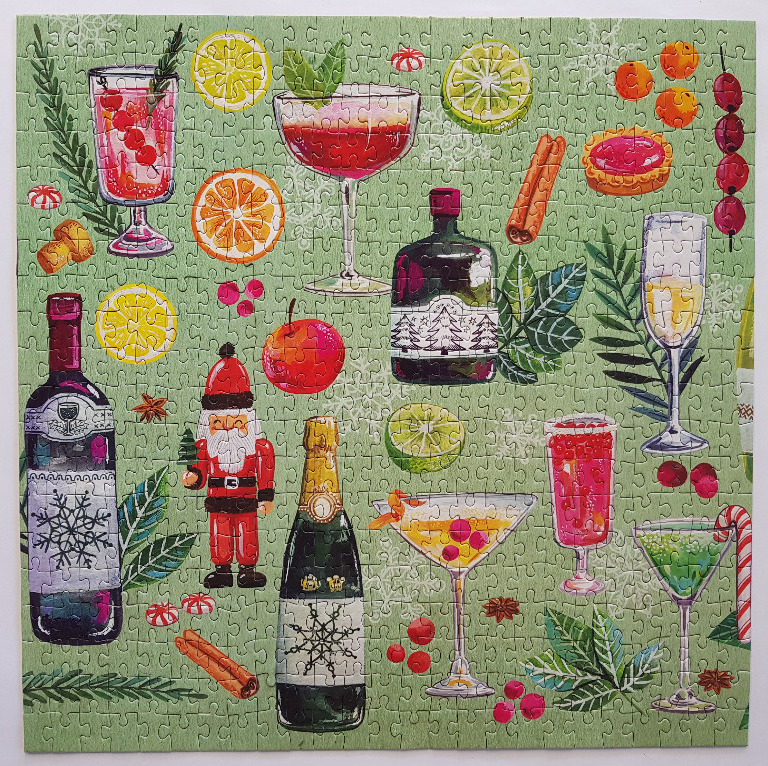 A whimsical collection of holiday cocktails, wine bottles, and seasonal treats on a soft green background.
