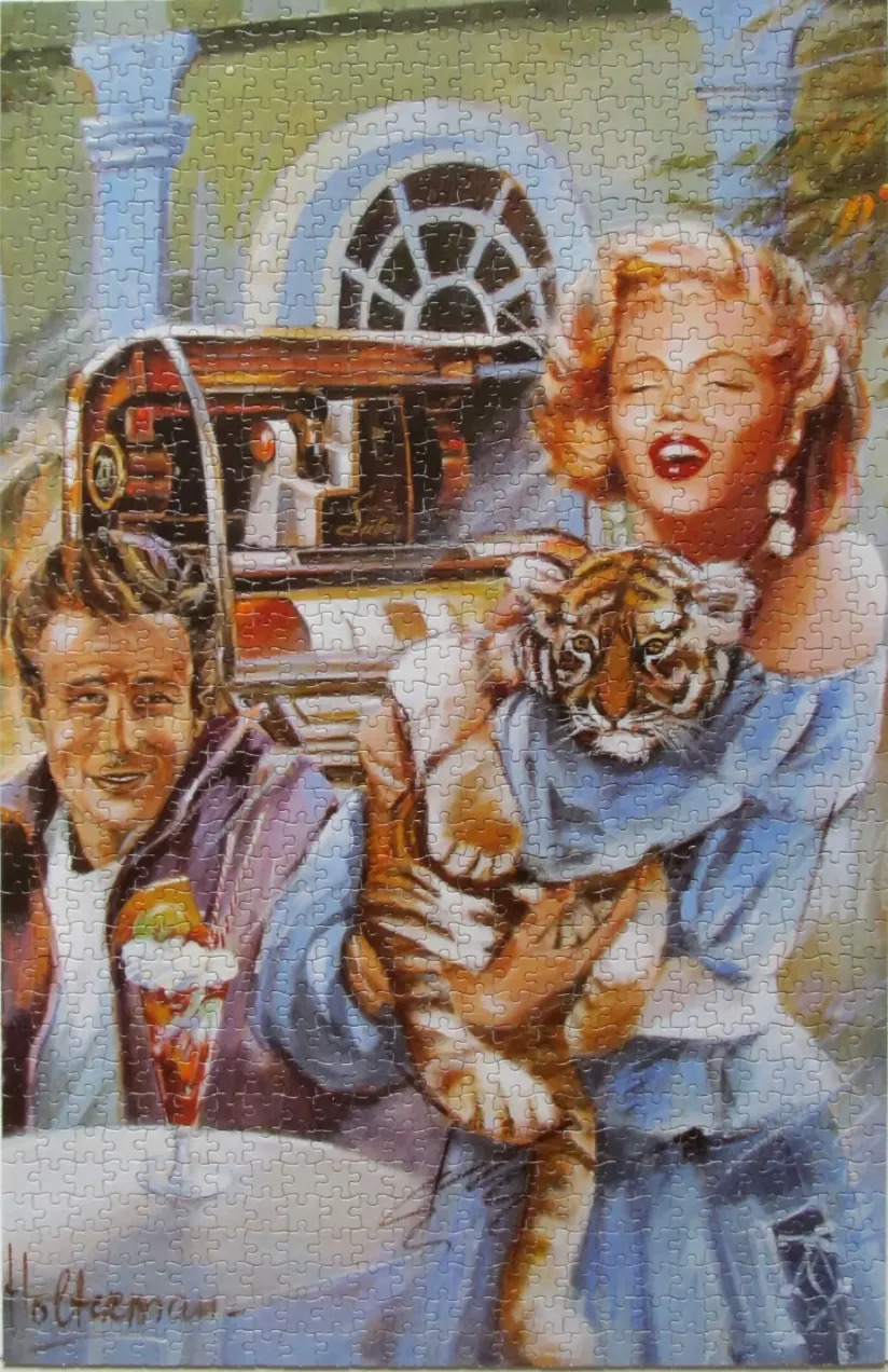 A nostalgic art piece featuring James Dean and Marilyn Monroe holding a tiger cub in front of a classic car.