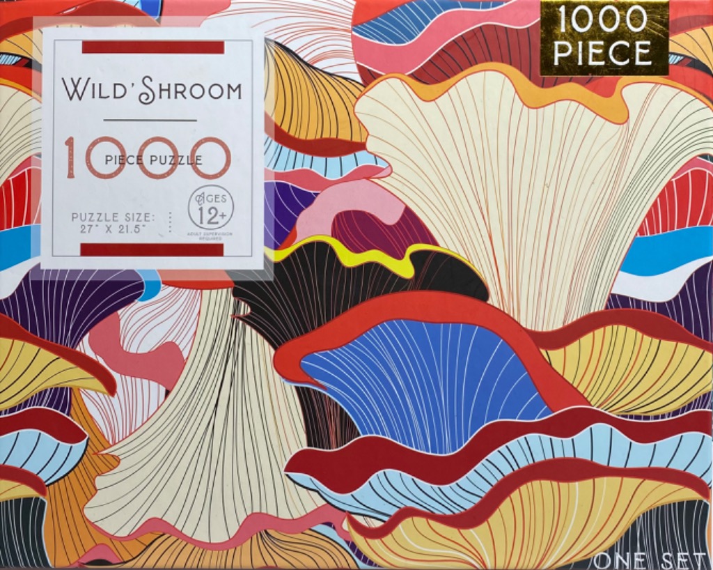 Stylized illustration of overlapping mushrooms in vibrant colors like red, blue, yellow, and cream.