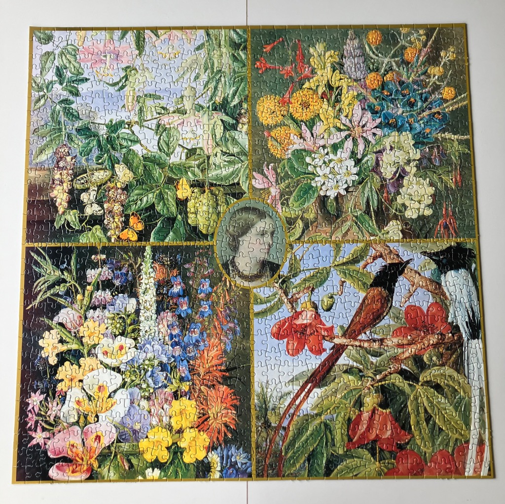 A botanical collage featuring four floral panels and a central portrait medallion surrounded by birds and lush greenery.