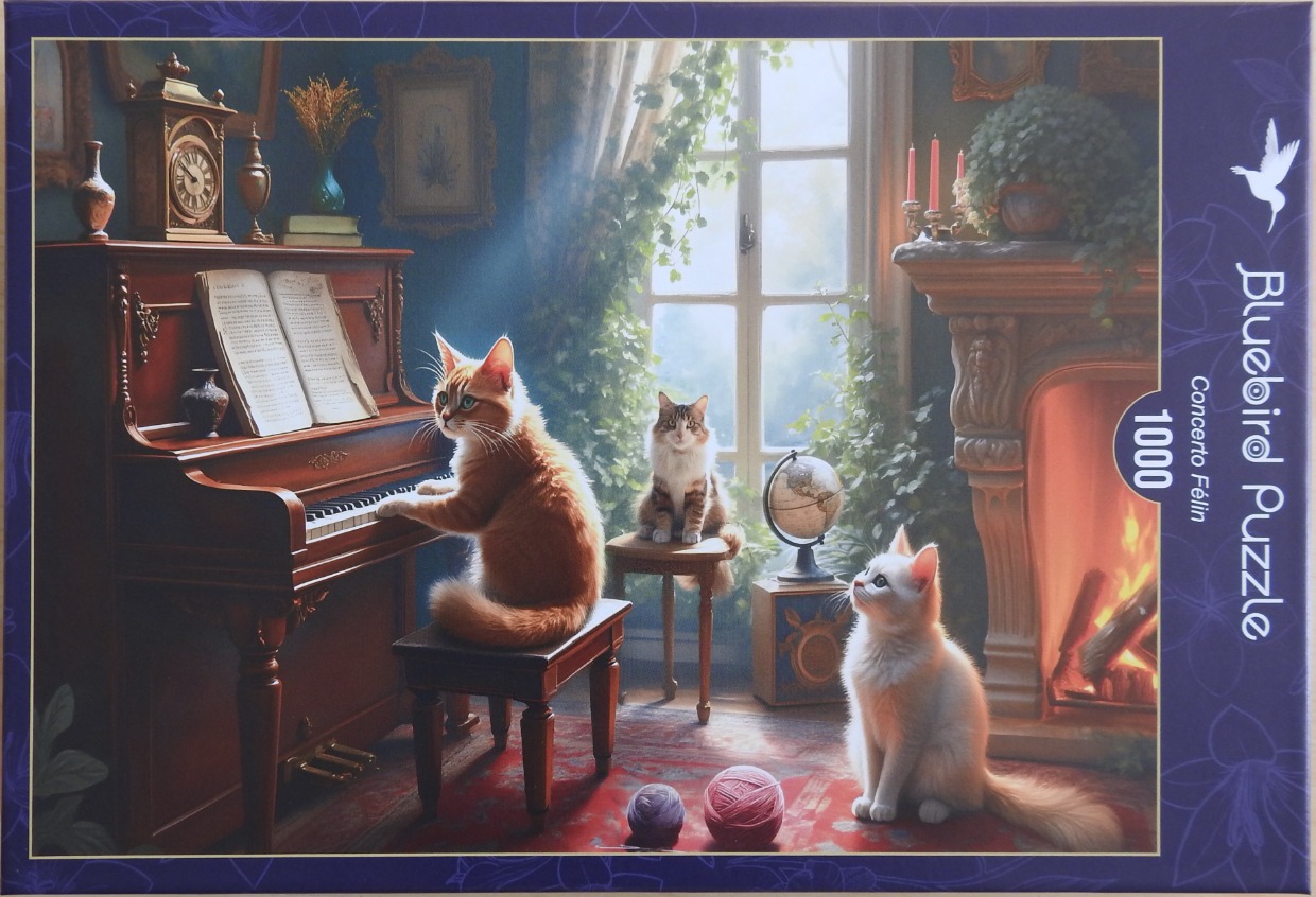 A digital painting of three cats in a cozy, sunlit study with a piano, a fireplace, and yarn balls.