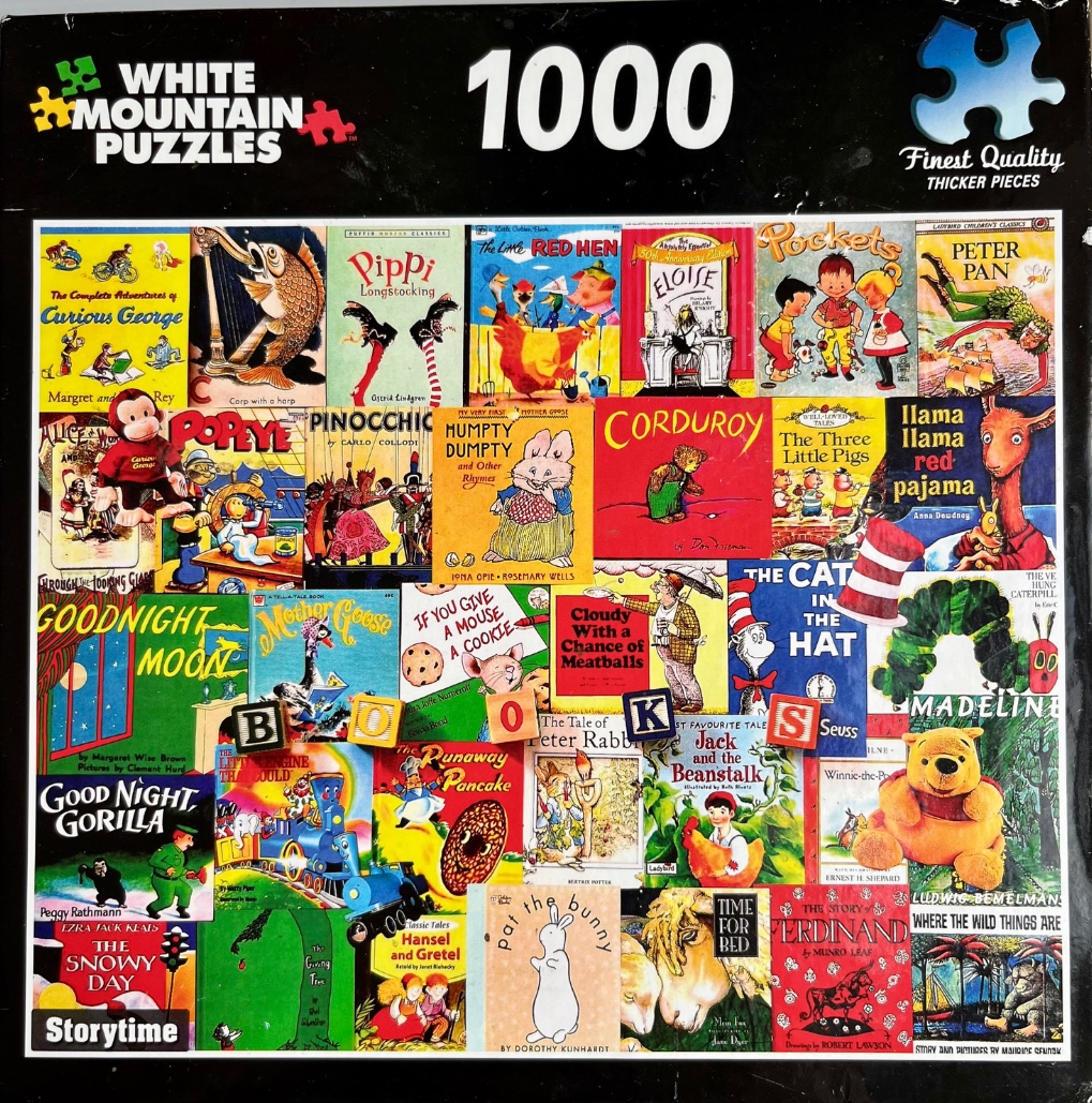 A collage of classic children's book covers featuring titles like Curious George, Madeline, and The Cat in the Hat.