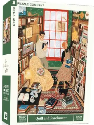 An illustration of a man and woman in a cozy, book-filled library reading room.