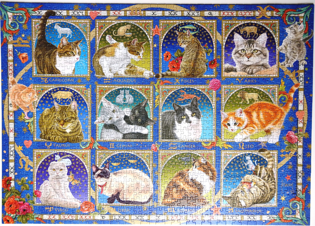 A whimsical illustration of twelve cats representing the twelve zodiac signs set against a deep blue starry background.