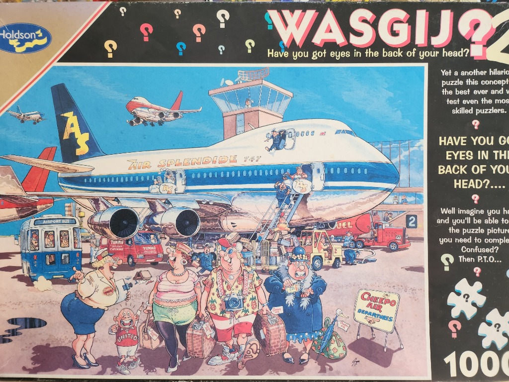 A humorous cartoon illustration of a busy airport tarmac scene with a large airplane and quirky passengers.