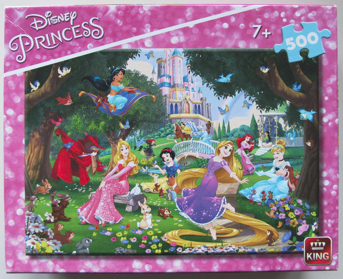 A group of Disney Princesses gathered in a lush, sunlit fairy tale garden with a castle in the background.