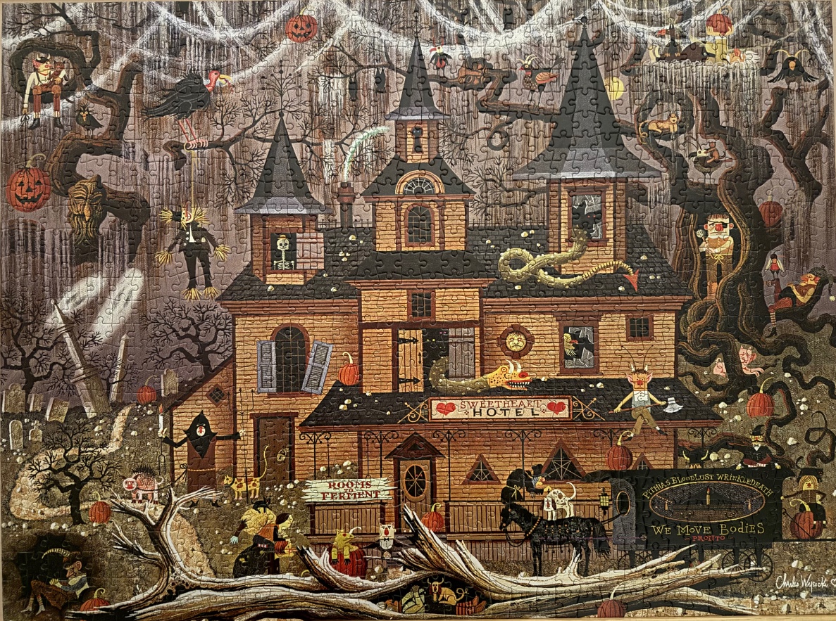 Whimsical, detailed Halloween illustration of a haunted Sweetheart Hotel with spooky creatures and a spooky hearse.