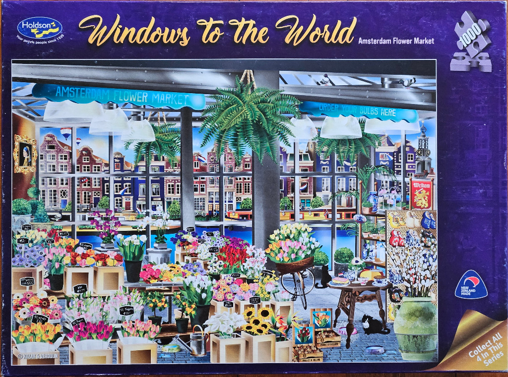 Illustration of an Amsterdam flower market seen from inside a shop window with blooming flowers and canal houses outside.
