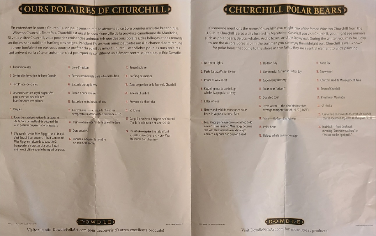 An informational guide in French and English about the wildlife and landmarks of Churchill, Manitoba.