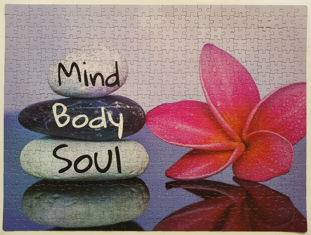 A stack of three balanced stones labeled 'Mind', 'Body', and 'Soul' next to a pink tropical flower.