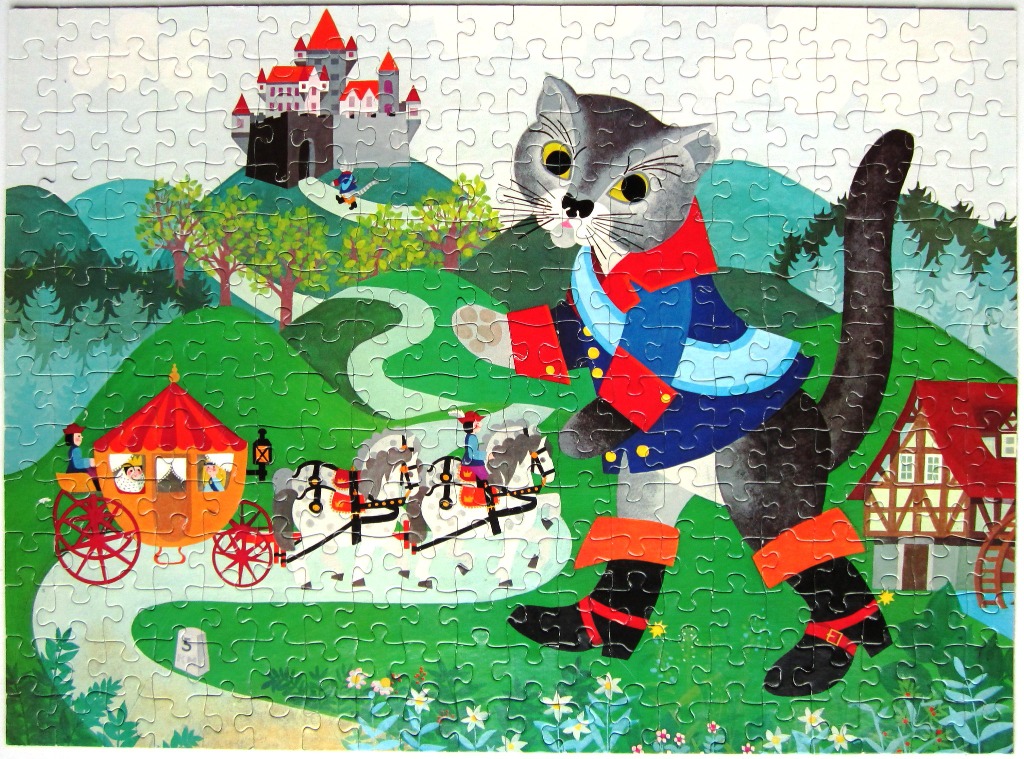 A fairytale illustration of Puss in Boots walking through a landscape with a castle and a royal carriage.