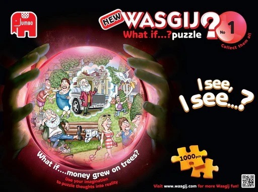 A pair of hands holds a glowing crystal ball containing a cartoon scene of people reacting to money growing on trees.