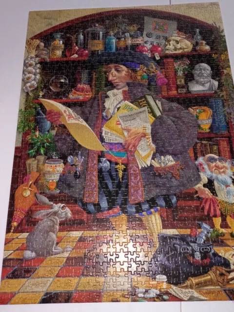 A whimsical illustration of an elderly alchemist or apothecary surrounded by potions, books, and a rabbit in his study.