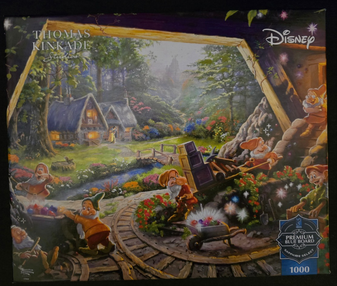 A cinematic painting of the Seven Dwarfs working at their mine entrance with a cottage in the distant background.