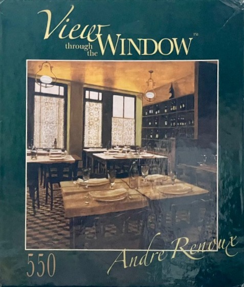 Painting of a quiet bistro interior with wooden tables and a wine rack by Andre Renoux.
