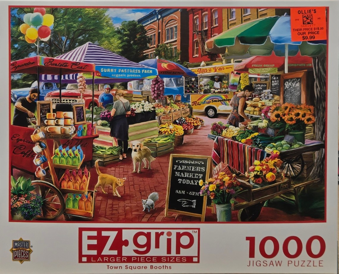 A bustling farmers market scene with vendors, fresh produce, coffee carts, and animals on a brick town square.