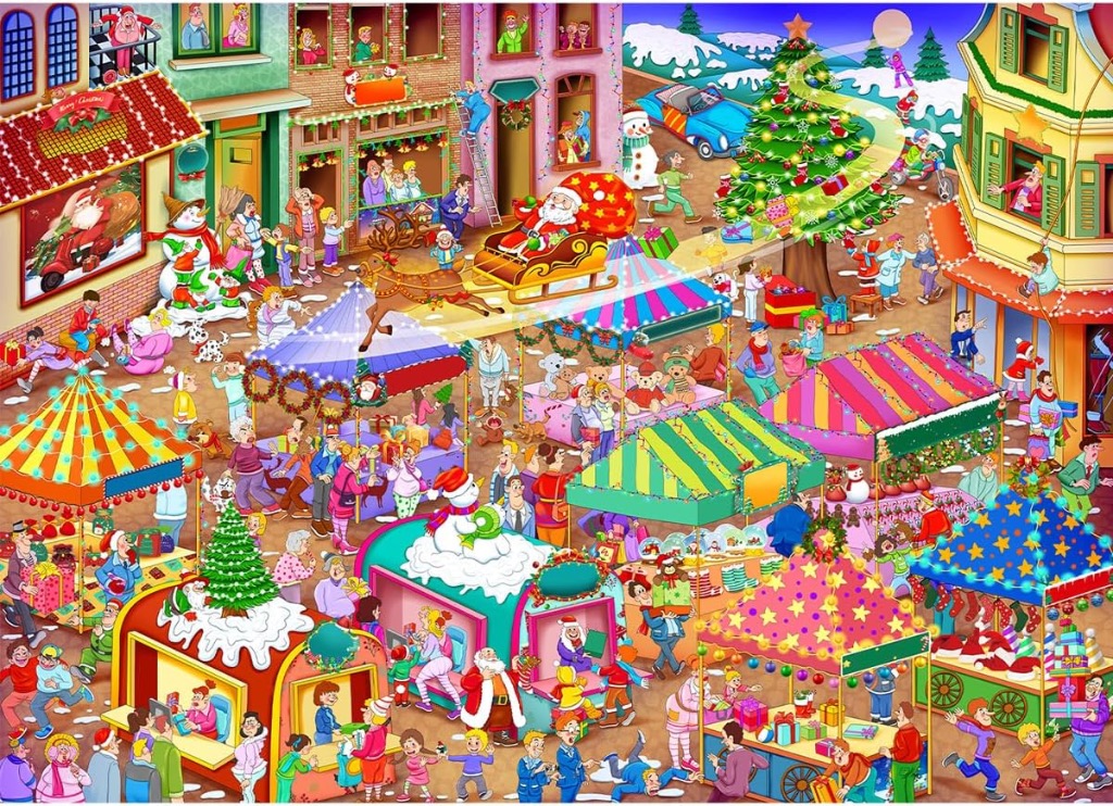 A bustling, cartoon-style Christmas market scene filled with colorful market stalls, shoppers, and holiday festivities.