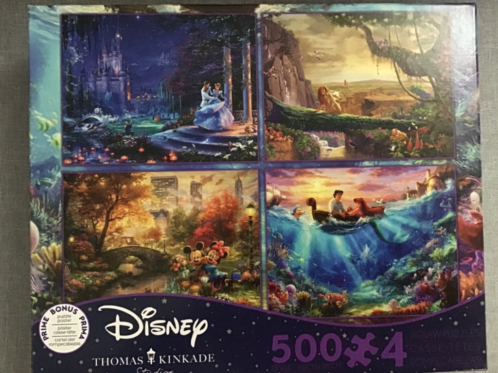 A four-panel collage of paintings depicting Disney scenes: Cinderella, The Lion King, Mickey and Minnie, and The Little Merma