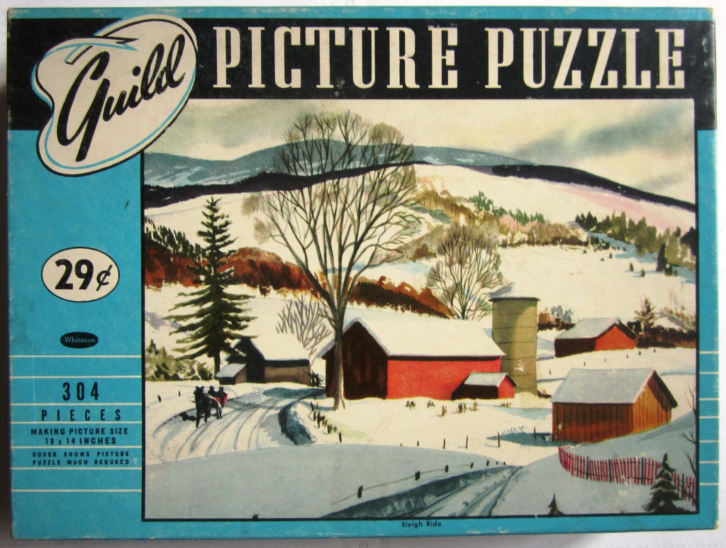 A nostalgic winter landscape painting featuring a red barn, a horse-drawn sleigh, and snow-covered hills.