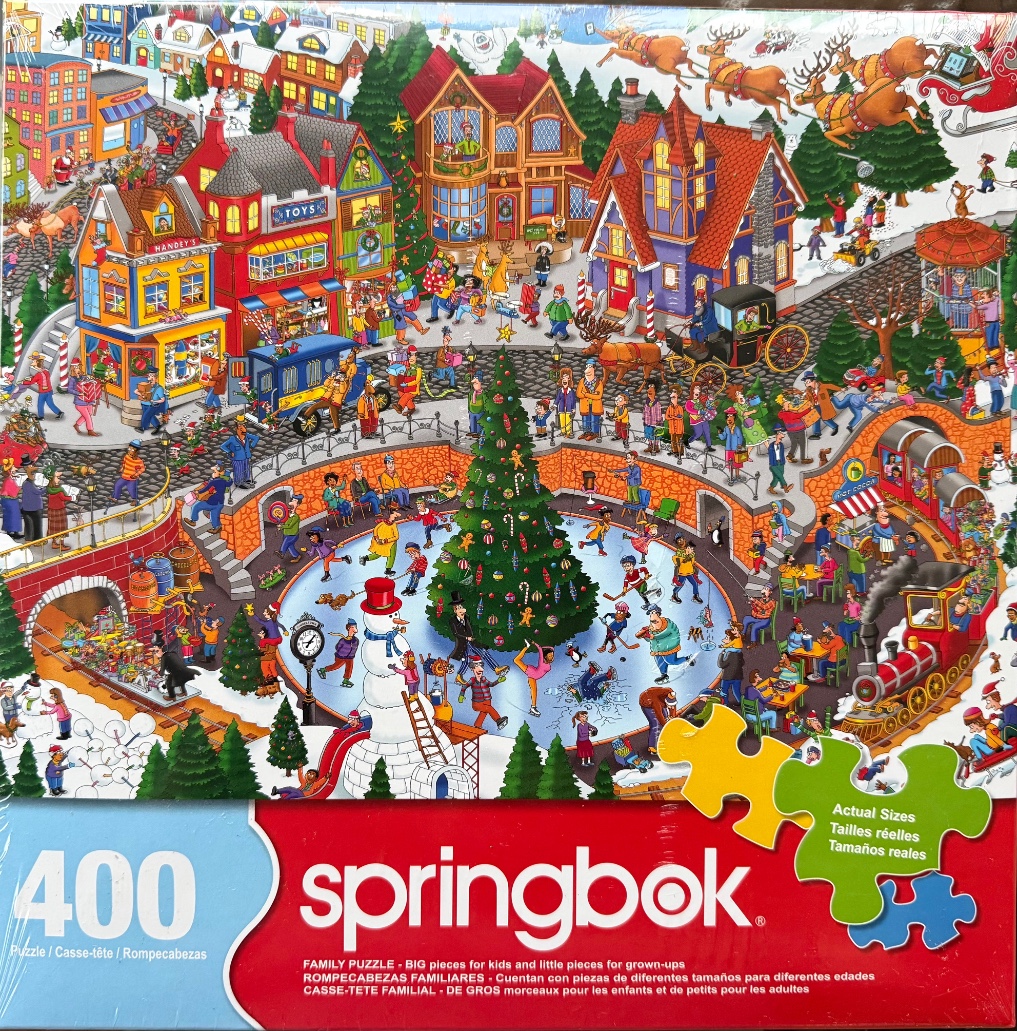 A busy, illustrated winter town scene with an ice skating rink, a central Christmas tree, and holiday festivities.