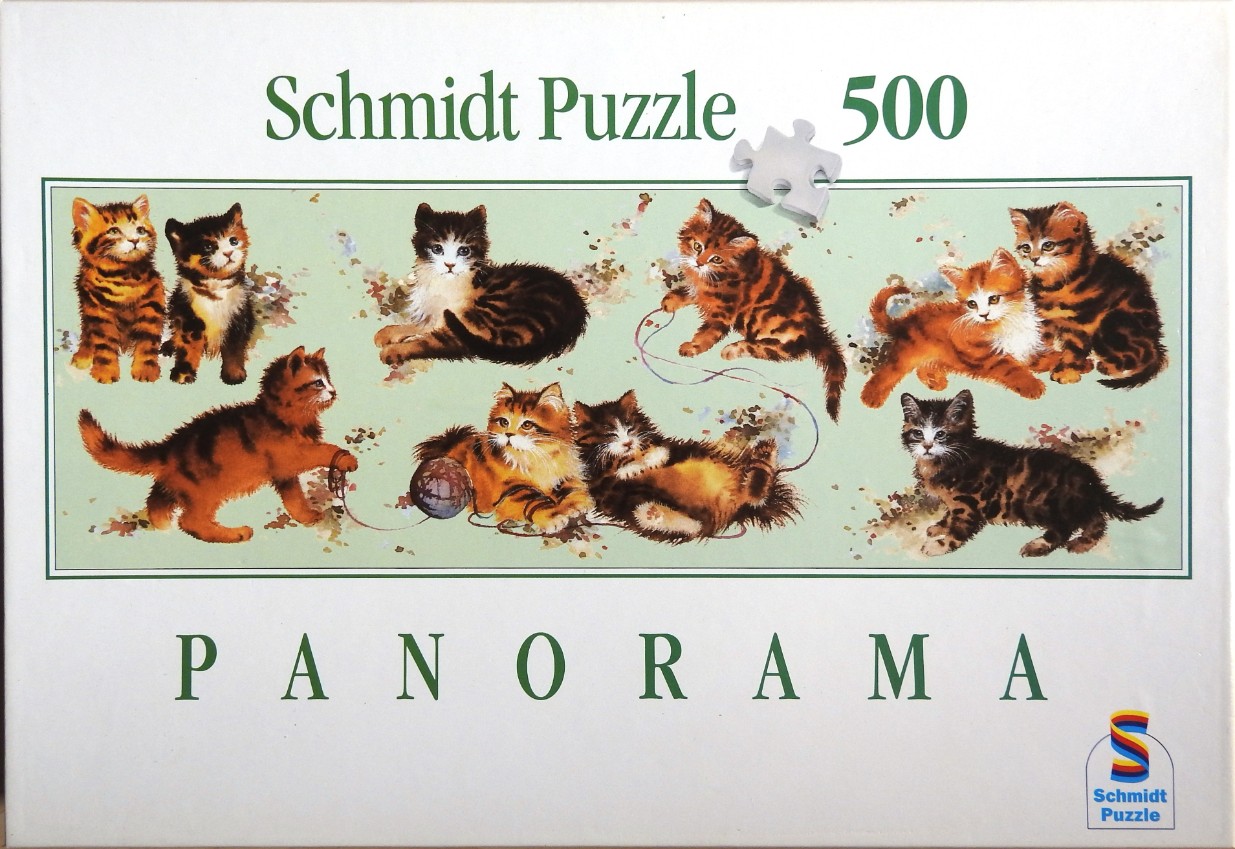 A panoramic illustration of nine kittens playing and resting on a light green background.