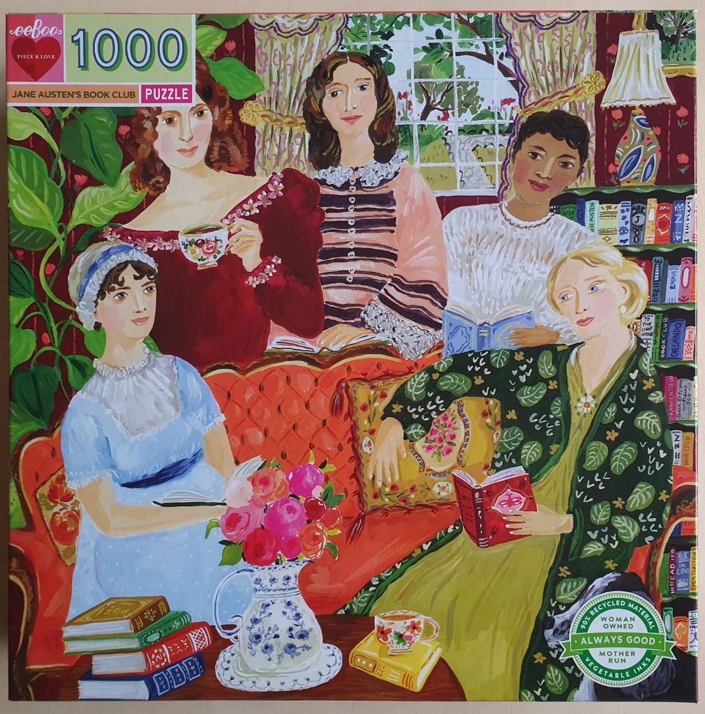 Five women sitting in a cozy room, reading books and drinking tea in a folk-art style illustration.