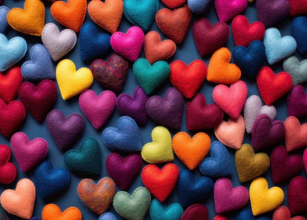 A collection of colorful felt hearts scattered across a dark blue surface.