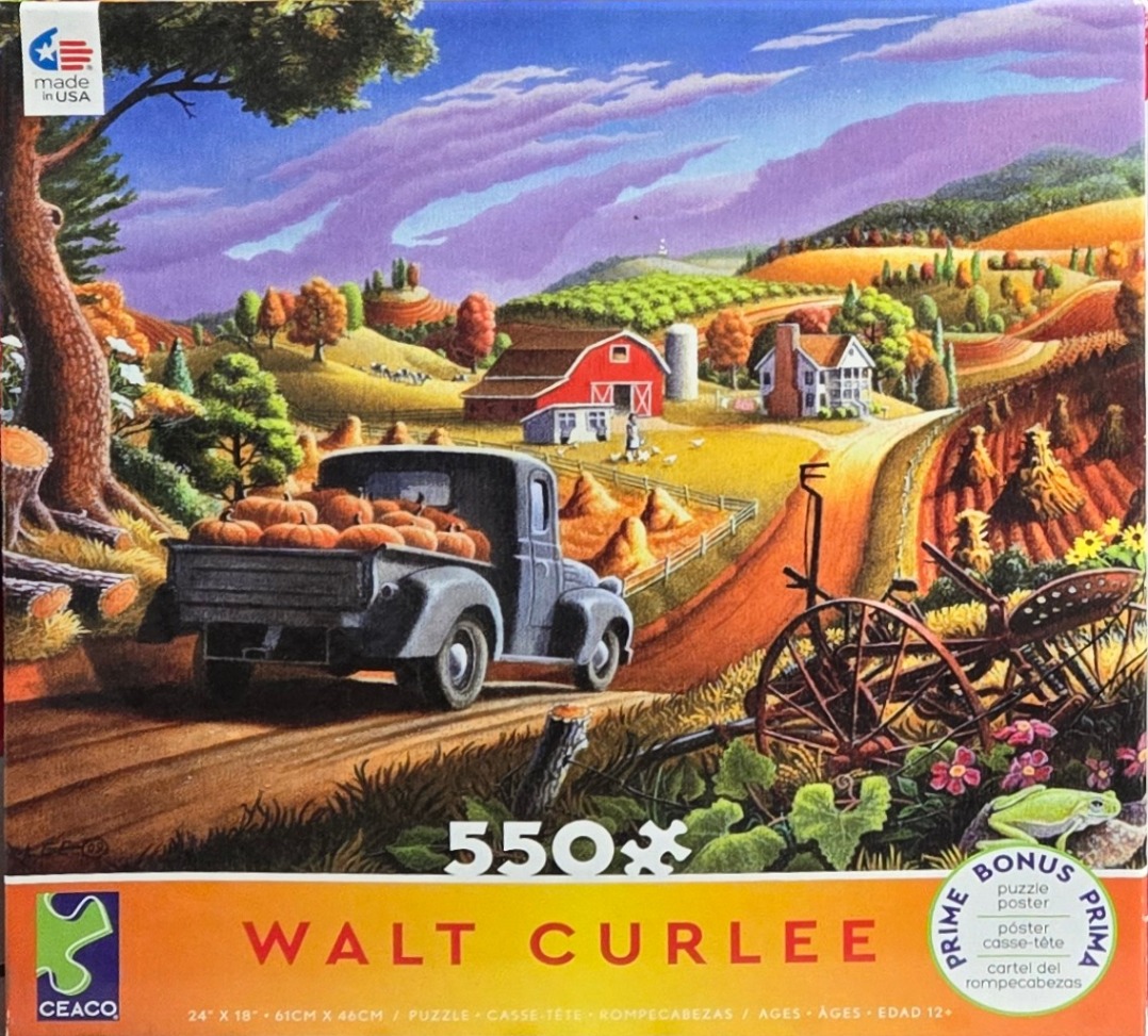 An illustration of a classic truck loaded with pumpkins on a dirt path in a rural autumn farm scene.